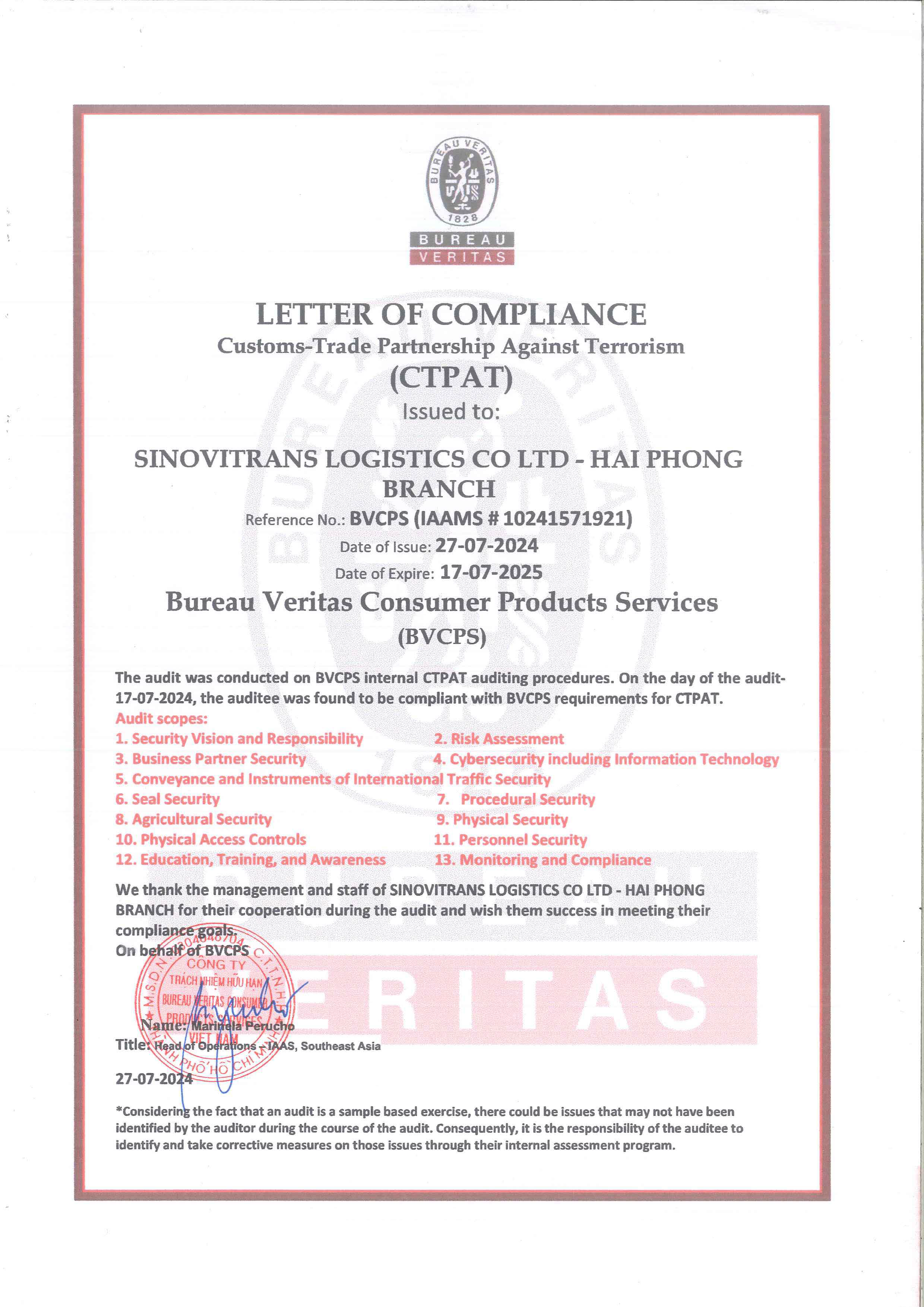 LETTER OF COMPLIANCE Customs-Trade Partnership Against Terrorism(CTPAT)