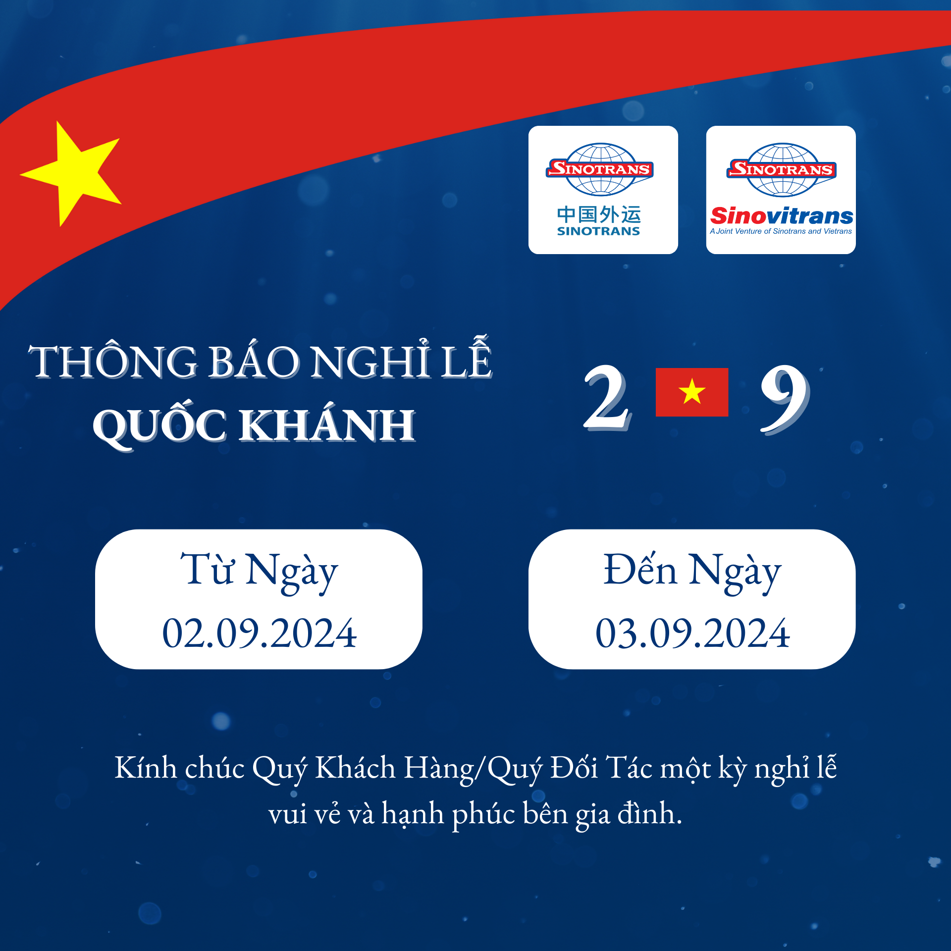 Sinotrans Sinovitrans Thông báo nghỉ lễ Quốc Khánh 02-09-2024